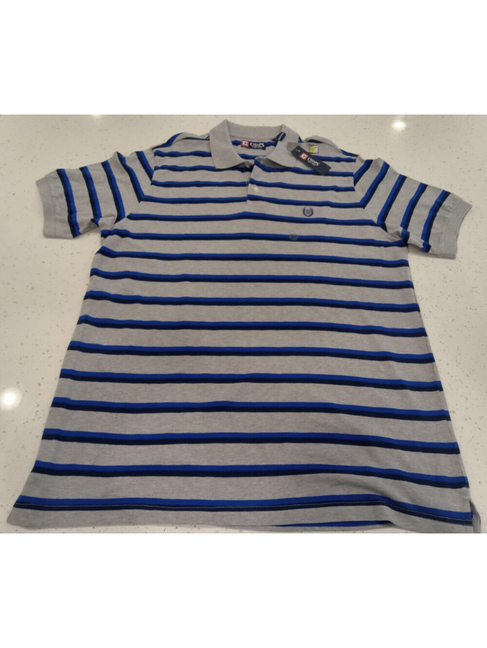 Chaps Shirt Mens XLT Gray Blue Striped Short Sleeve Polo Collared NWT Tall XL